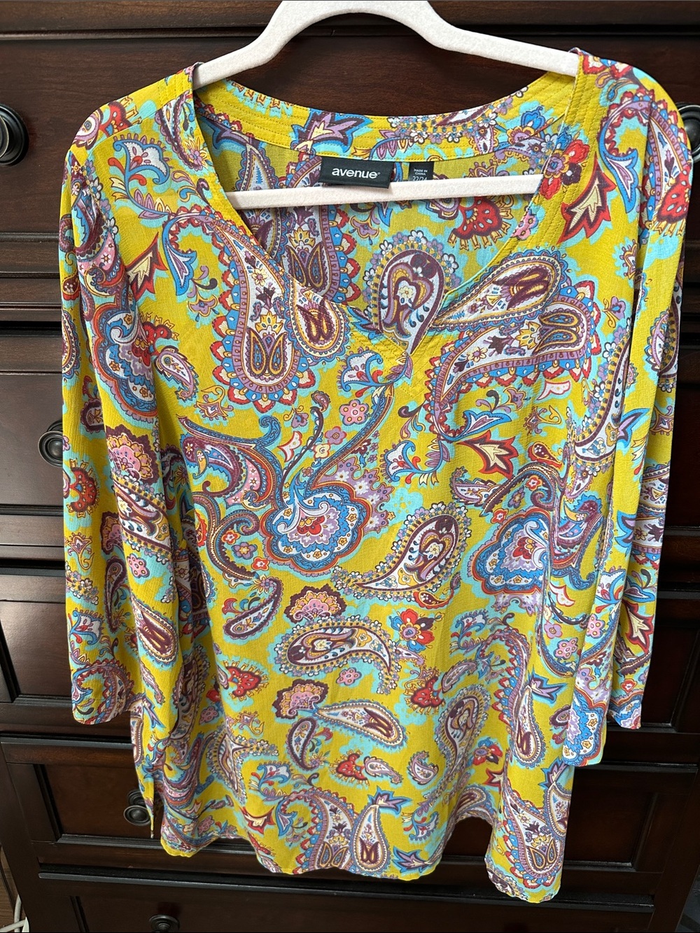 Avenue Bright Yellow Paisley V-Neck Long Sleeve Blouse